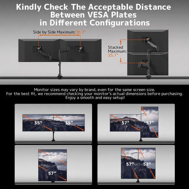 Alt view image 3 of 5 - Dual Monitor-Arm Heavy-Duty for 17-57-Inch Screens - Vertical Ultrawide Dual Monitor Mount, Fully Adjustable Stacked Double Monitor Desk Mount Stand, Max Load 44 lbs per Screen, VESA 75/100 mm, Black