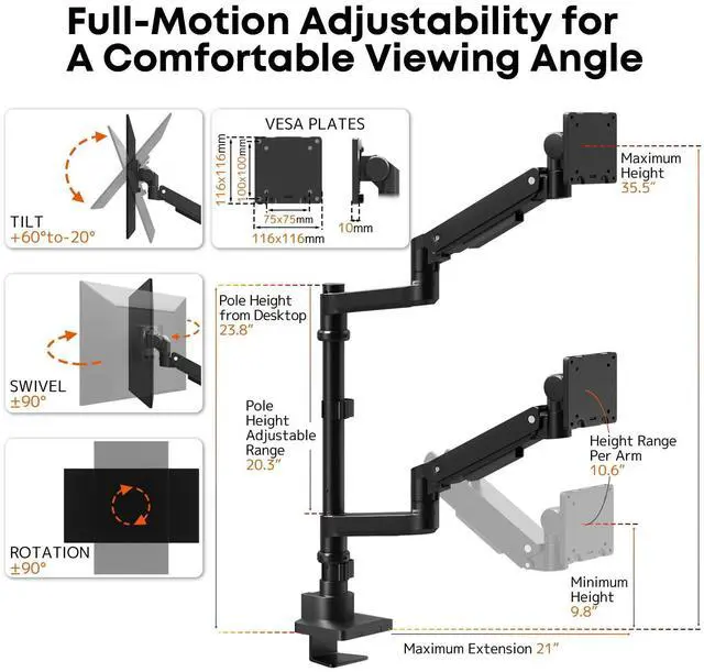 Alt view image 4 of 5 - Dual Monitor-Arm Heavy-Duty for 17-57-Inch Screens - Vertical Ultrawide Dual Monitor Mount, Fully Adjustable Stacked Double Monitor Desk Mount Stand, Max Load 44 lbs per Screen, VESA 75/100 mm, Black