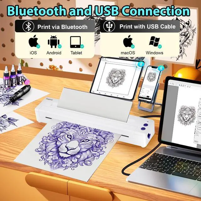 Alt view image 2 of 5 - Bagana Wireless Tattoo Stencil Printer, Bluetooth Thermal Temporary Portable Tattoo Transfer Machine Kit Compatible with Smartphone & PC