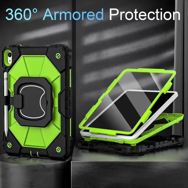Alt view image 2 of 5 - Auizotl Case for iPad (A16) 11th Generation 11 Inch (2025) /iPad 10th Generation 10.9 Inch (2022) with Rotating Stand Screen Protector,Heavy Duty Shockproof Cover for i Pad 10th Gen Case,Black Green