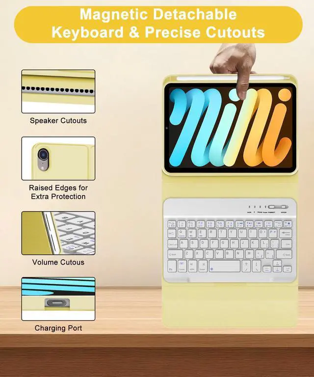 Alt view image 2 of 5 - iPad Mini 7th Gen 2024 (A17 Pro) & iPad Mini 6 Keyboard Case 2021, Detachable Wireless Bluetooth Keyboard Slim Folio Smart Cover with Pencil Holder for iPad Mini 7th/6th Gen 8.3 inch - Yellow