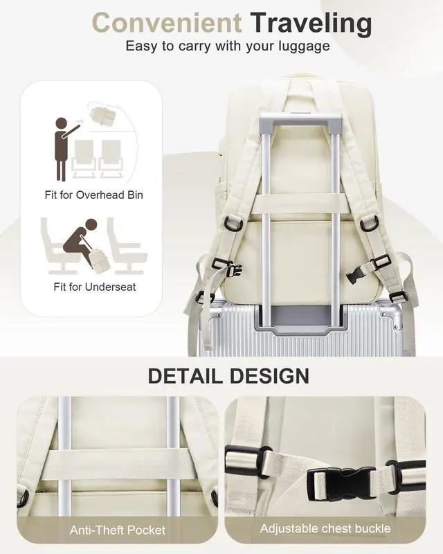 Alt view image 5 of 5 - CADOLIM Beige Large Travel Backpack For Women Laptop Backpack Carry On Backpack For Airplanes College Backpacks For Women Men Waterproof Gym Work Backpack For Travel