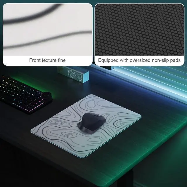 Alt view image 4 of 5 - DAWNTREES Glass Gaming Mouse Pad,Accurate and Fast Mouse Tracking,Tempered Glass,Anti-Slip Rubber Base,XL Mouse Mat for Gamer, Office & Home,13.78"x10.24" White Topographic