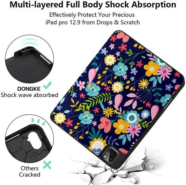 Alt view image 5 of 5 - DONGKE Floral Design Case for iPad Pro 12.9 inch 6th, 5th, 4th, 3rd Gen with Pencil Holder, Auto Wake/Sleep, and Stand