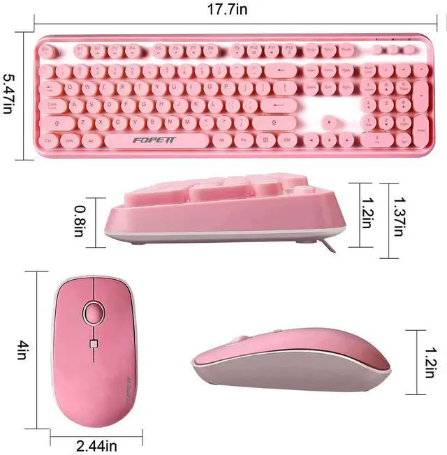 Alt view image 2 of 5 - Wireless Keyboard and Mouse Combo - Cute Round Keycaps, Full-Size Retro Typewriter Keyboard with 2.4GHz Plug & Play, for Windows 11/10/7, Laptop, PC, Notebook, Smart TV (Pink)