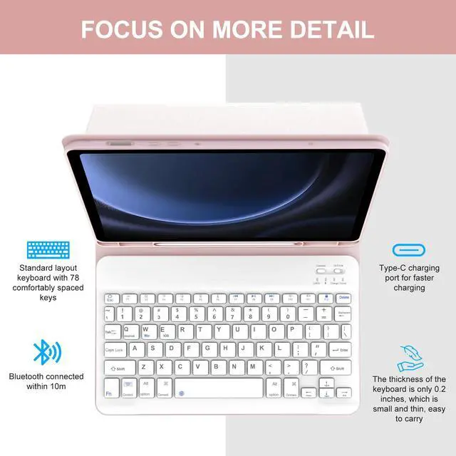 Alt view image 4 of 5 - Galaxy Tab S9 FE Case with Keyboard, Detachable Wireless Bluetooth Keyboard, Smart Folio Cover with S Pen Holder for Samsung Galaxy Tab S9 FE 10.9"/S9 11 inch, Auto Sleep/Wake, Pink