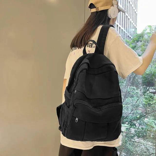 Alt view image 4 of 5 - GAMLFL Black Canvas Backpack for Women & Men Retro Aesthetic Rucksack Basic Backpack for High School/College Students Travel Laptop Bag