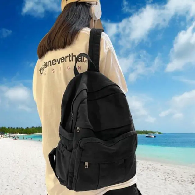 Alt view image 2 of 5 - GAMLFL Black Canvas Backpack for Women & Men Retro Aesthetic Rucksack Basic Backpack for High School/College Students Travel Laptop Bag