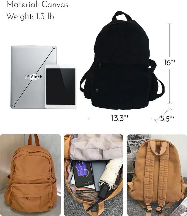 Alt view image 5 of 5 - GAMLFL Black Canvas Backpack for Women & Men Retro Aesthetic Rucksack Basic Backpack for High School/College Students Travel Laptop Bag
