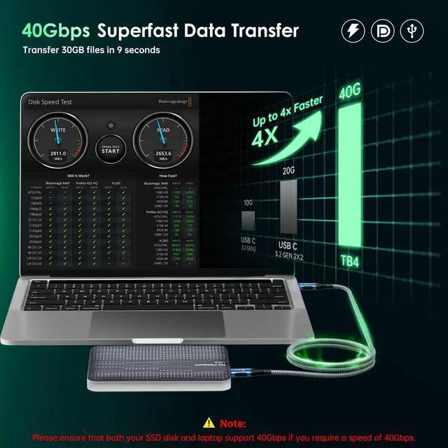 Alt view image 2 of 5 - 40Gbps for Thunderbolt 4 Cable 10FT, 240W Charging, 8K@60Hz, 4K@144Hz, USB C Display Cable, USB4 Cable for iPhone 16/15 Series, MacBook Air, iPad, Samsung