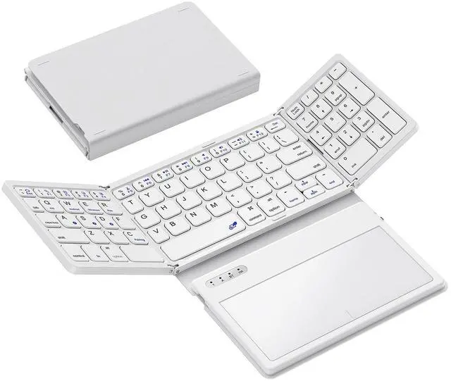 Main image of GEODMAER Foldable Bluetooth Keyboard, Portable Full Size Folding Keyboard with Large Touchpad, Numeric Keypad, PU Leather, Wireless Travel Keyboard for Windows Android Mac(White)