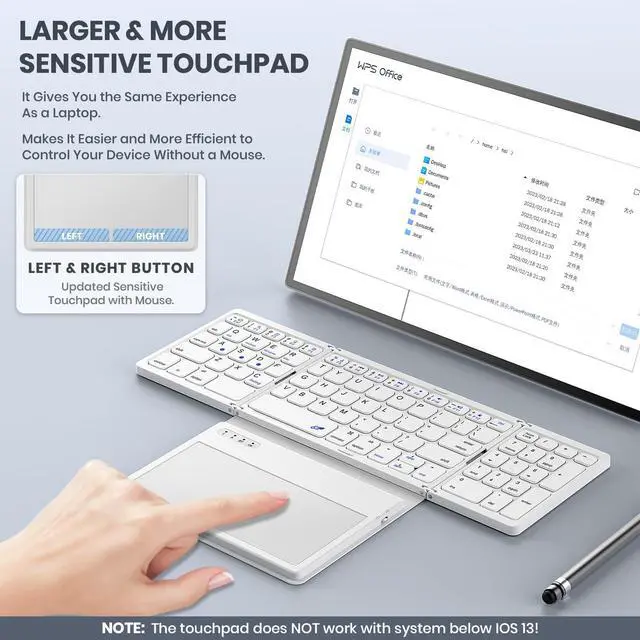 Alt view image 2 of 5 - GEODMAER Foldable Bluetooth Keyboard, Portable Full Size Folding Keyboard with Large Touchpad, Numeric Keypad, PU Leather, Wireless Travel Keyboard for Windows Android Mac(White)