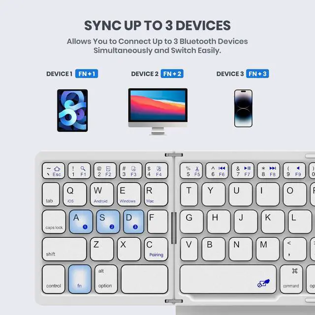 Alt view image 3 of 5 - GEODMAER Foldable Bluetooth Keyboard, Portable Full Size Folding Keyboard with Large Touchpad, Numeric Keypad, PU Leather, Wireless Travel Keyboard for Windows Android Mac(White)