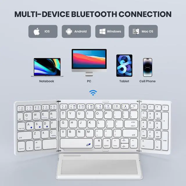 Alt view image 4 of 5 - GEODMAER Foldable Bluetooth Keyboard, Portable Full Size Folding Keyboard with Large Touchpad, Numeric Keypad, PU Leather, Wireless Travel Keyboard for Windows Android Mac(White)