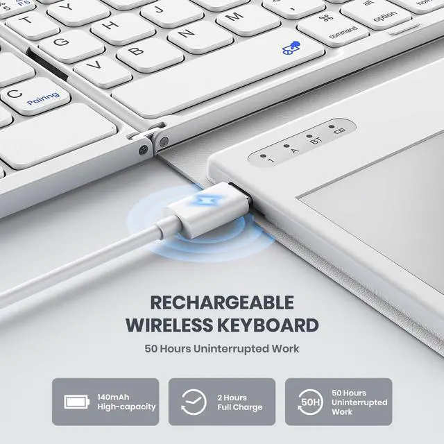 Alt view image 5 of 5 - GEODMAER Foldable Bluetooth Keyboard, Portable Full Size Folding Keyboard with Large Touchpad, Numeric Keypad, PU Leather, Wireless Travel Keyboard for Windows Android Mac(White)