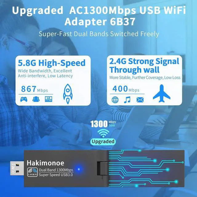 Alt view image 2 of 5 - USB 3.0 Dual Band 2.4G/5GHz WiFi Adapter 1300Mbps with Enhanced Antenna and 900Mbps USB WiFi Adapter (2pcs)