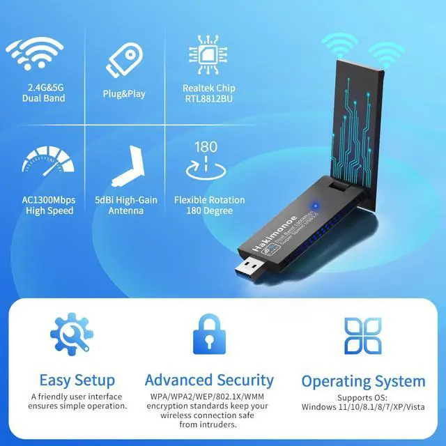 Alt view image 4 of 5 - USB 3.0 Dual Band 2.4G/5GHz WiFi Adapter 1300Mbps with Enhanced Antenna and 900Mbps USB WiFi Adapter (2pcs)