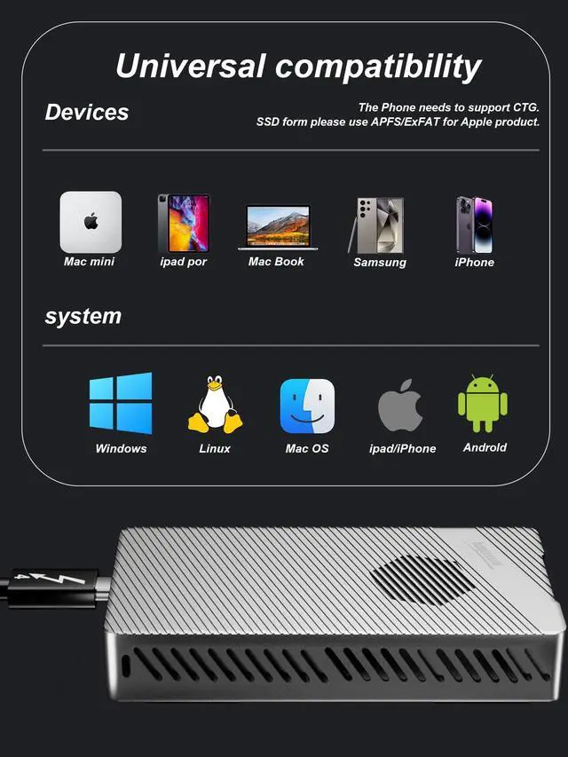 Alt view image 5 of 5 - HAYOOVANT 40Gbps Thunderbolt Enclosure Built-in Fan for M.2 NVMe 2280 SSD , Tool-Free Installation, Compatible with Thunderbolt 4/3 and USB4/3, Aluminum Enclosure, Intel JHL7440 Chipset & RTL9210