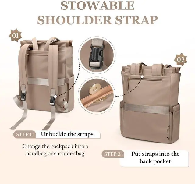 Alt view image 4 of 5 - GOLF SUPAGS Convertible Laptop Backpack for Women Casual Daypack Notebook Tote Bag for Work College Travel Leisure (Champagne)