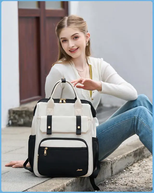 Alt view image 2 of 5 - Hidds Laptop Backpack for Women 15.6 In Work Business Computer Bag School College Backpacks Commuter Back Pack Purse Girls Nursing Bookbag Womens Anti Theft Travel Daypack with USB Port - Black Beige