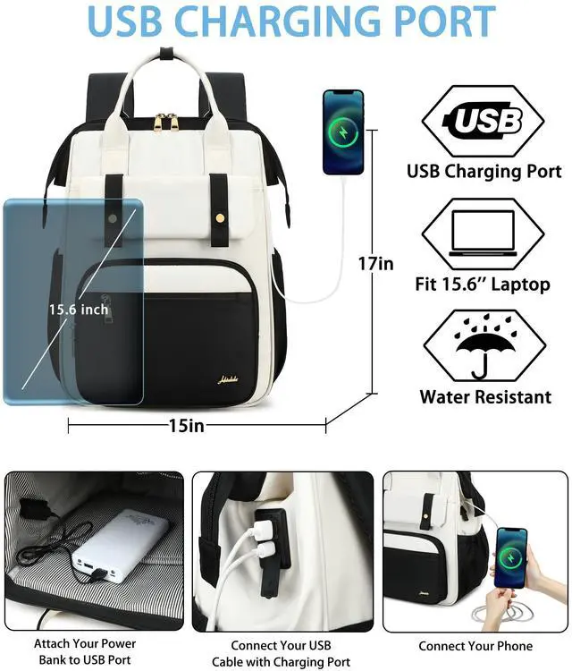 Alt view image 5 of 5 - Hidds Laptop Backpack for Women 15.6 In Work Business Computer Bag School College Backpacks Commuter Back Pack Purse Girls Nursing Bookbag Womens Anti Theft Travel Daypack with USB Port - Black Beige