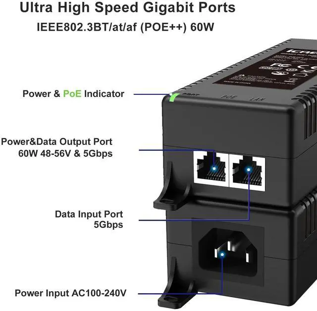 Alt view image 2 of 5 - 5G POE++ Injector 60W, IEEE 802.3bt/af/at, 5G/2.5Gbps/1Gigabit PoE+ Ethernet Adapter, 5G Base-T Compliant, Network a PoE Device up to 328ft, for High Power PTZ Camera, VOIP Phone, WiFi 6 AP etc.
