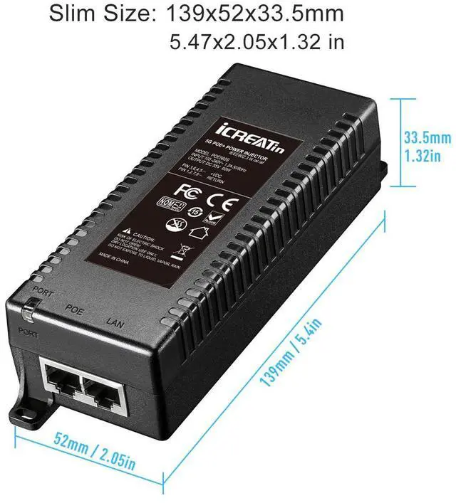 Alt view image 5 of 5 - 5G POE++ Injector 60W, IEEE 802.3bt/af/at, 5G/2.5Gbps/1Gigabit PoE+ Ethernet Adapter, 5G Base-T Compliant, Network a PoE Device up to 328ft, for High Power PTZ Camera, VOIP Phone, WiFi 6 AP etc.
