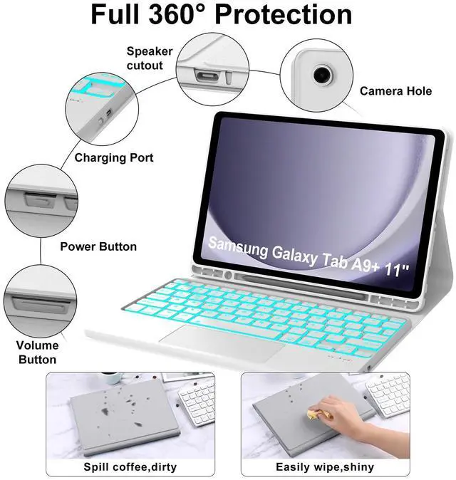 Alt view image 4 of 5 - Keyboard Case for Samsung Galaxy Tab A9 Plus 11 inch 2023, Detachable Blurtooth Wireless Keyboard with 7-Color Backlit Trackpad for Galaxy Tab A9+ 11'', Flip Stand Case, Rechargeable, Gray