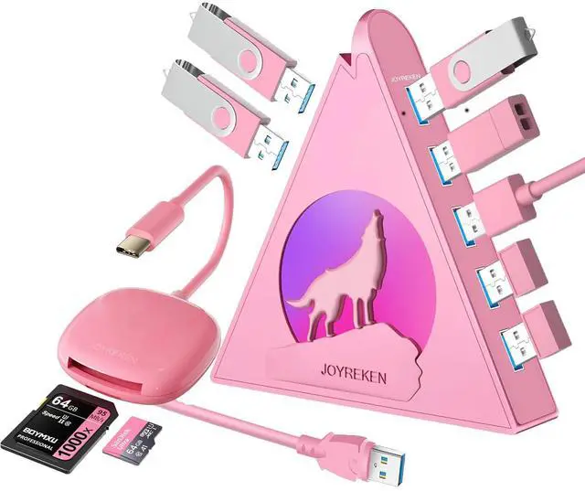 Main image of USB C SD Card Reader, for iPhone 15, iPad Pro, MacBook+Howling Wolf USB Hub, 7 USB 3.0 Ports, Pink, 2ft Cable