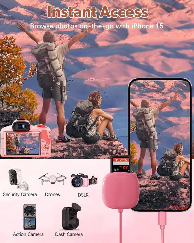 Alt view image 3 of 5 - USB C SD Card Reader, for iPhone 15, iPad Pro, MacBook+Howling Wolf USB Hub, 7 USB 3.0 Ports, Pink, 2ft Cable