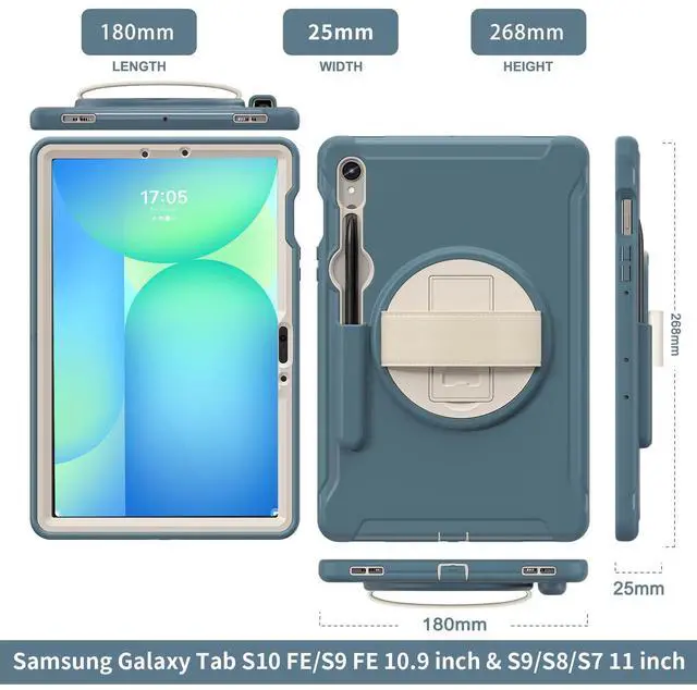 Alt view image 3 of 5 - Junfire Protective Case for Galaxy Tab S10 FE 2025/S9 FE 5G with Stylus Holder, Samsung Tab S9/S8/S7 11-inch Shockproof Cover with 360degRotating Kickstand/Hand Strap-Blue