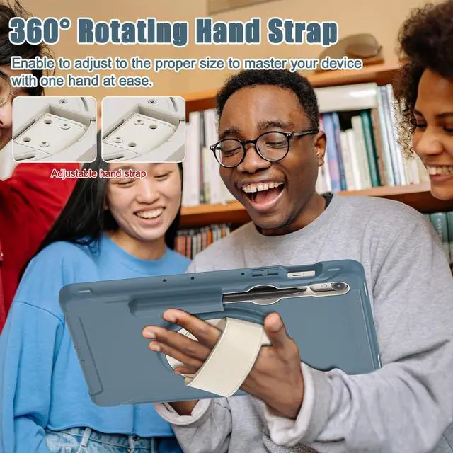 Alt view image 4 of 5 - Junfire Protective Case for Galaxy Tab S10 FE 2025/S9 FE 5G with Stylus Holder, Samsung Tab S9/S8/S7 11-inch Shockproof Cover with 360degRotating Kickstand/Hand Strap-Blue