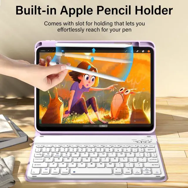 Alt view image 3 of 5 - kenke for iPad 11/10th Gen Case with Keyboard 11/10.9 inch 2025 A16/2022, Detachable Wireless Bluetooth Keyboard Case with Right Side Pencil Holder, White Square Keycaps (Purple)