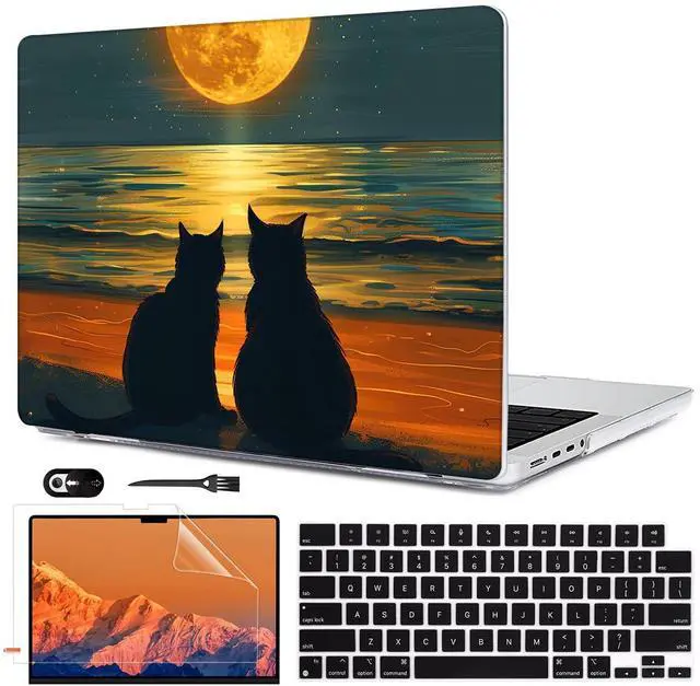 Main image of LCMOCICO Compatible with M4 MacBook Pro 14 inch Case 2024 2023 2022 2021 Release A3112 A3185 A3401 A2918 A2992 A2779 A2442 M4 M3 M2 M1 Pro Max Chip, Pattern Plastic Hard Shell Cover, Cat Watching Moon