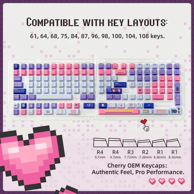 Alt view image 4 of 5 - FunHub Pixel Girl Keycaps Set,PBT Keycaps Set 143 Keys,Cherry Profile Custom Keycaps Universal,5-Sided dye-Sublimation,Compatiability for 100%, 75%, 65%, 60% Keyboard,Pink and Blue Color Schem