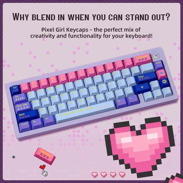Alt view image 3 of 5 - FunHub Pixel Girl Keycaps Set,PBT Keycaps Set 143 Keys,Cherry Profile Custom Keycaps Universal,5-Sided dye-Sublimation,Compatiability for 100%, 75%, 65%, 60% Keyboard,Pink and Blue Color Schem