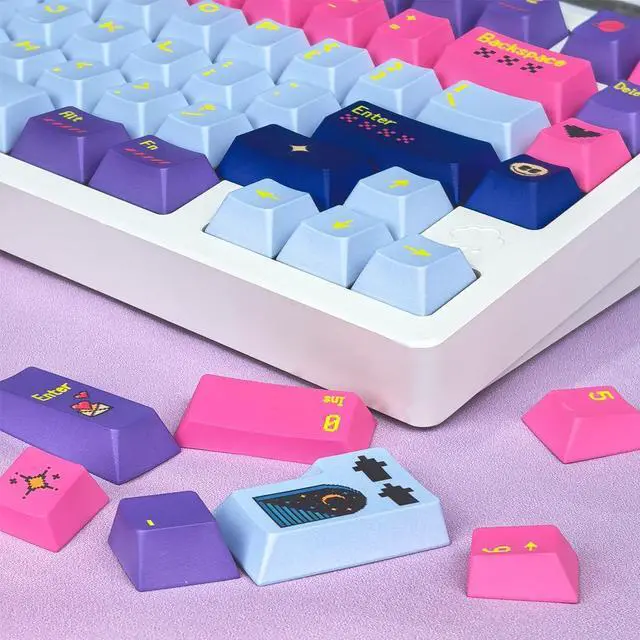 Alt view image 5 of 5 - FunHub Pixel Girl Keycaps Set,PBT Keycaps Set 143 Keys,Cherry Profile Custom Keycaps Universal,5-Sided dye-Sublimation,Compatiability for 100%, 75%, 65%, 60% Keyboard,Pink and Blue Color Schem