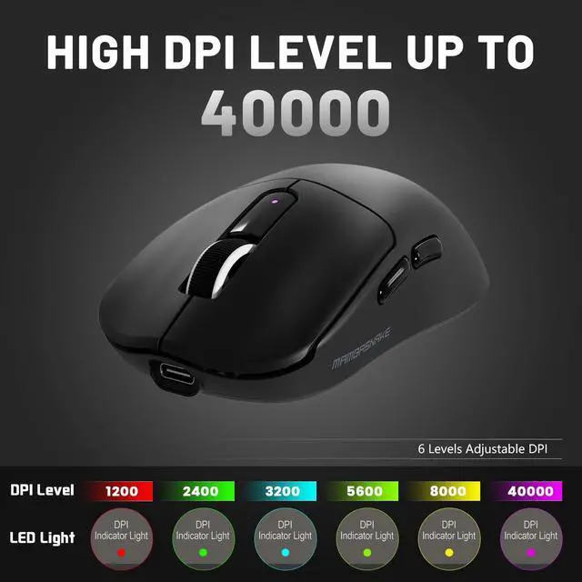 Alt view image 4 of 5 - MAMBASNAKE M3 Wireless Gaming Mouse,40K DPI,39g Lightweight Gaming Mouse,PAW3395PRO Optical Sensor,Tri-Mode BT5.1/2.4G/USB-C PC Game Mice,Programmable Buttons,300mAh Battery for PC/Laptop/Mac-Griptape