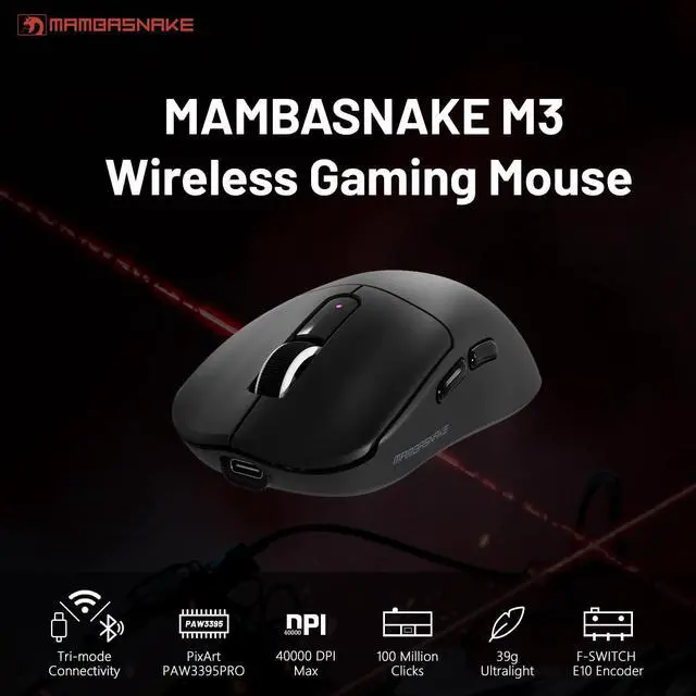 Alt view image 2 of 5 - MAMBASNAKE M3 Wireless Gaming Mouse,40K DPI,39g Lightweight Gaming Mouse,PAW3395PRO Optical Sensor,Tri-Mode BT5.1/2.4G/USB-C PC Game Mice,Programmable Buttons,300mAh Battery for PC/Laptop/Mac-Griptape