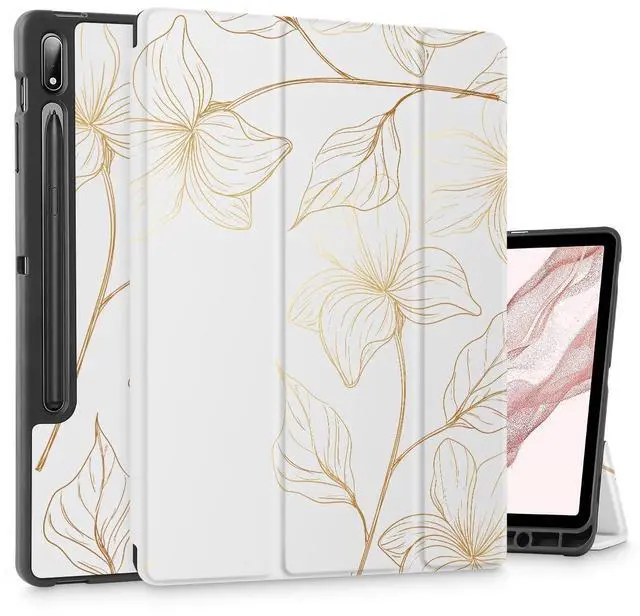 Main image of Mektron Case for Samsung Tab S9 /S9 FE Plus 12.4 Inch 2023 Model X810/X816B/X818U, Built-on Pencil Holder Hard Cover with Auto Wake/Sleep, Multi-Angle Stand for Galaxy S9 Plus, Gold Flower S718