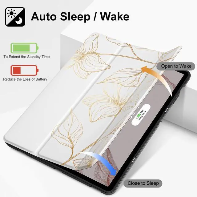 Alt view image 2 of 5 - Mektron Case for Samsung Tab S9 /S9 FE Plus 12.4 Inch 2023 Model X810/X816B/X818U, Built-on Pencil Holder Hard Cover with Auto Wake/Sleep, Multi-Angle Stand for Galaxy S9 Plus, Gold Flower S718