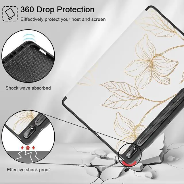 Alt view image 5 of 5 - Mektron Case for Samsung Tab S9 /S9 FE Plus 12.4 Inch 2023 Model X810/X816B/X818U, Built-on Pencil Holder Hard Cover with Auto Wake/Sleep, Multi-Angle Stand for Galaxy S9 Plus, Gold Flower S718