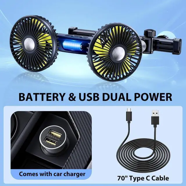 Alt view image 4 of 5 - Nauttxon Battery Fan for Car Backseat Kids with Retractable Long Arm, Rechargeable Car Seat Fan That Blow Cold Air for Dogs [Comes with Car Charger &USB C Cable*1] Separate Control for Vehicles SUV RV
