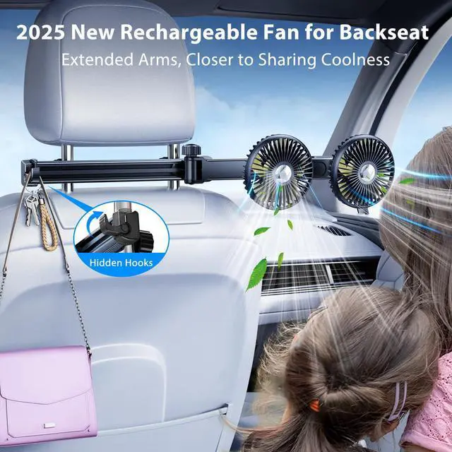 Alt view image 2 of 5 - Nauttxon Battery Fan for Car Backseat Kids with Retractable Long Arm, Rechargeable Car Seat Fan That Blow Cold Air for Dogs [Comes with Car Charger &USB C Cable*1] Separate Control for Vehicles SUV RV