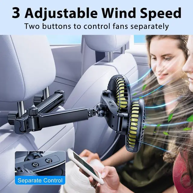 Alt view image 5 of 5 - Nauttxon Battery Fan for Car Backseat Kids with Retractable Long Arm, Rechargeable Car Seat Fan That Blow Cold Air for Dogs [Comes with Car Charger &USB C Cable*1] Separate Control for Vehicles SUV RV