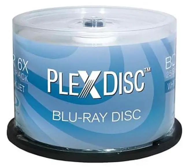 Main image of PlexDisc 633-214 25 GB 6X Blu-ray White Inkjet Printable Single Layer Recordable BD-R, 50pk Cake Box, 50 Discs