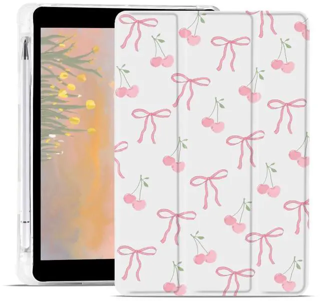 Main image of JOYLAND Cute Cherry Bowknot Case for iPad Pro 13 Inch M4(2024) 7th Genaration with Pencil Holder, Auto Wake/Sleep Lovely Fruit Shockproof Case, Trifold Stand White Girly Cover for Girls Kids