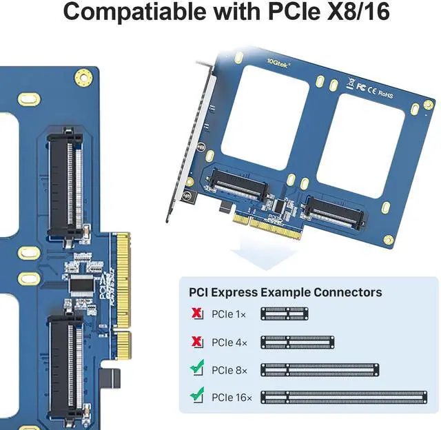Alt view image 4 of 5 - REDLUX PCIe 3.0 x8 to Dual U.2 NVMe SSD Adapter Card, SFF-8639 Interface with Full-Height Bracket for Server/NAS/Desktop Storage