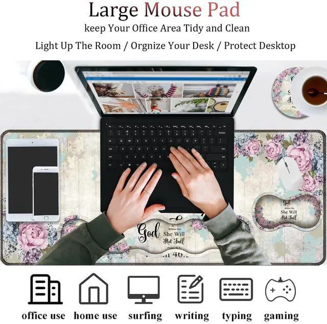 Alt view image 4 of 5 - 4 in 1 Mouse Pad Combo, Large Gaming Mouse Pad + Keyboard Wrist Support + Mouse Wrist Rest + Coaster, Table Pad with Stitched Edge Memory Foam Ergonomic Wrist Pad Set, Psalm 46:5 Floral