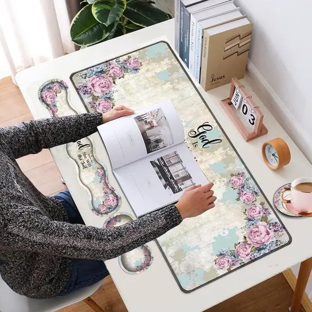 Alt view image 2 of 5 - 4 in 1 Mouse Pad Combo, Large Gaming Mouse Pad + Keyboard Wrist Support + Mouse Wrist Rest + Coaster, Table Pad with Stitched Edge Memory Foam Ergonomic Wrist Pad Set, Psalm 46:5 Floral